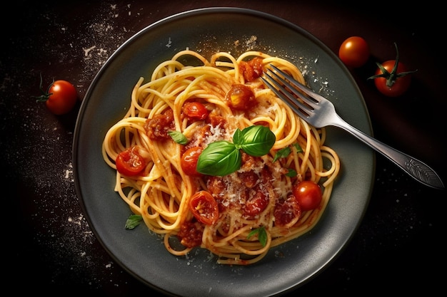 Flat lay Italian spaghetti on a plate