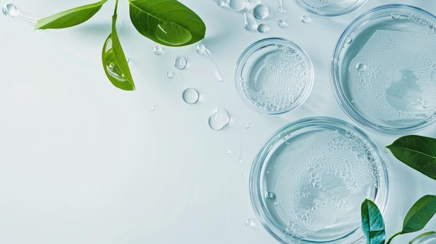 Flat lay of laboratory glassware and petri dishes among fresh greenery for natural science research