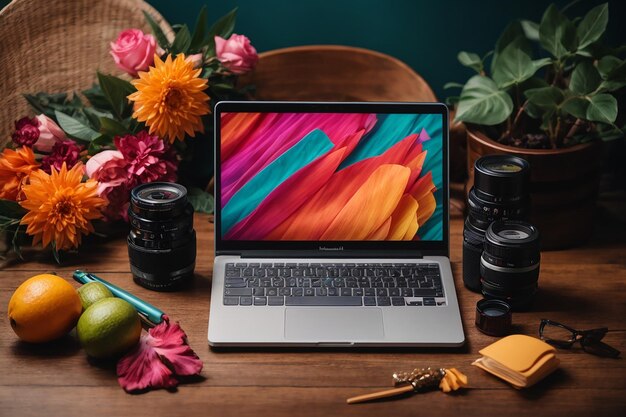 Flat lay laptop mockup with notepad