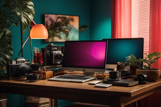 Flat lay laptop mockup with notepad