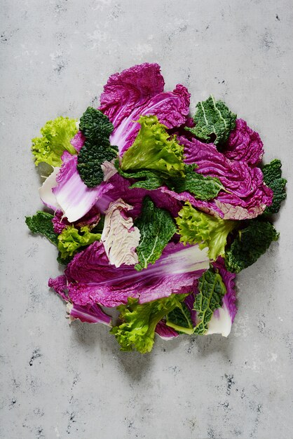 Flat lay. Leaves of Savoy and Peking cabbage lettuce