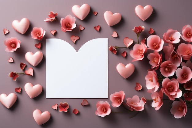 평평한 글자 형태와 분홍색 심장과 작은 빨간 꽃 발렌타인 데이 카드