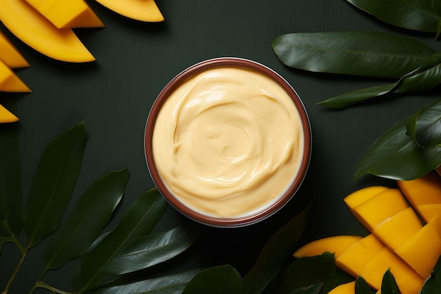 Flat lay of mango and body butter with copy space