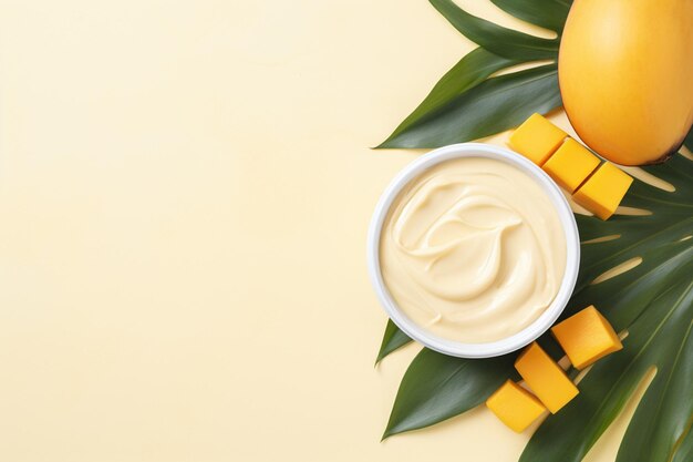 Flat lay of mango and body butter with copy space