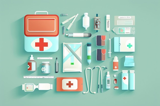 A flat lay of medical supplies on a blue background