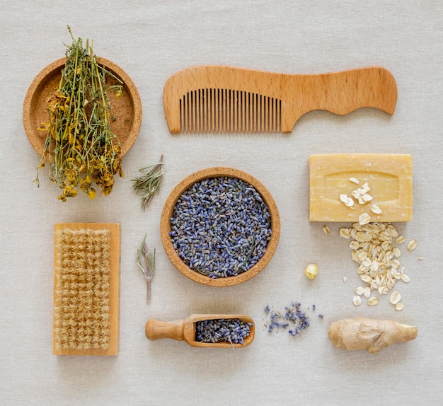 Flat lay of medicinal spices and herbs