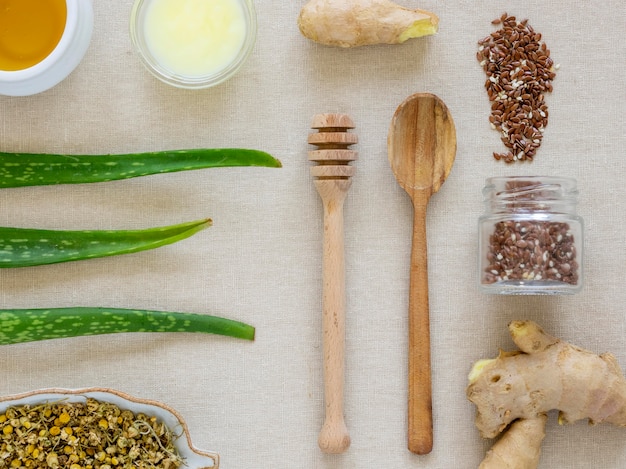 Flat lay of medicinal spices and herbs