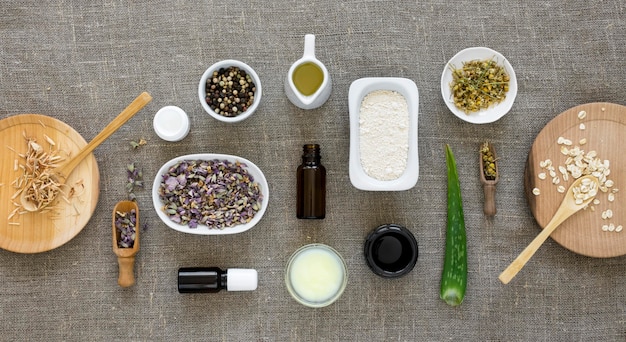 Flat lay of medicinal spices and herbs