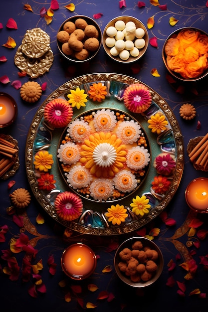 Foto flat lay met kleurrijke en smaakvolle traditionele diwali snoepjes