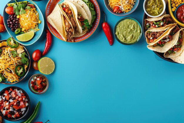 Photo flat lay of mexican food on blue background with text space
