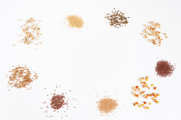 Flat lay microgreen seeds on white background