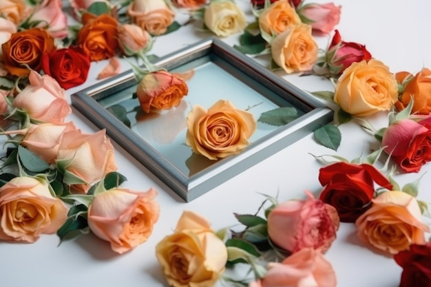 Flat lay mini roses frame generative ai