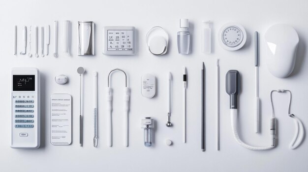 Photo flat lay of minimalist white dental tools and equipment on a white background