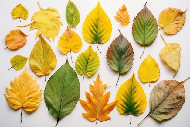 Foto strato piatto di foglie fresche mescolate d'autunno