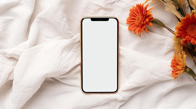 Photo flat lay of a mobile phone with a blank screen poppy flower and copy space on crumpled cloth minimalist brand template mockup image