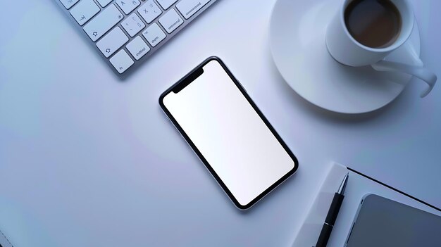 Flat lay mobile phone with empty screen coffee cup notepad and keyboard on white tab Generative AI