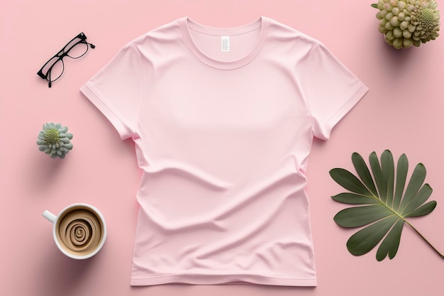 Flat lay mockup light pink background women pink blank tshirt