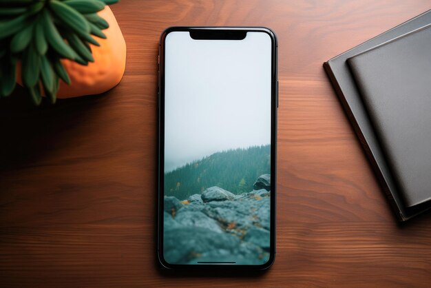 Photo flat lay mockup of a phone with a screen with a landscape photo on a table with a houseplant and notebooks