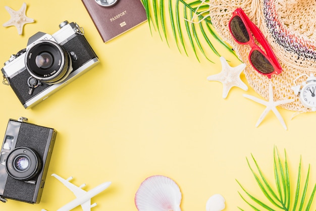 Photo flat lay mockup retro camera films hat airplane starfish traveler tropical beach accessories