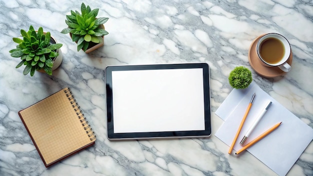 Flat lay mockup with tablet notebook and coffee