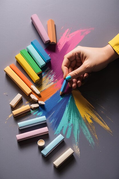 Flat lay of multicolored chalk and a woman hand