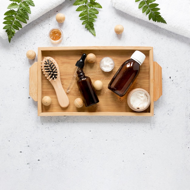 Flat lay of natural essential oil bottle