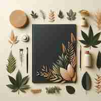 Photo flat lay nature magazine cover mockup with leaves arrangement