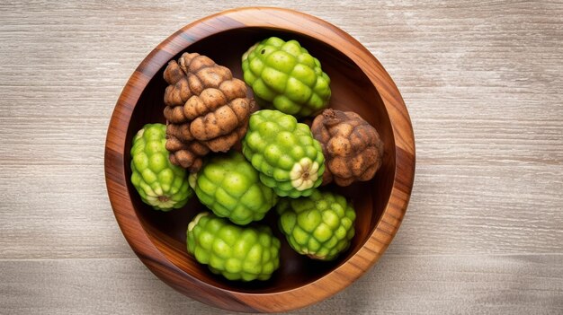 Photo flat lay of noni or morinda citrifolia fruits