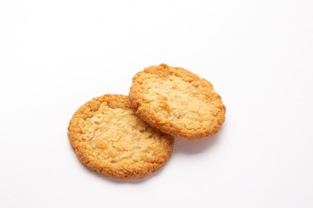 Flat lay of oatmeal cookies isolated