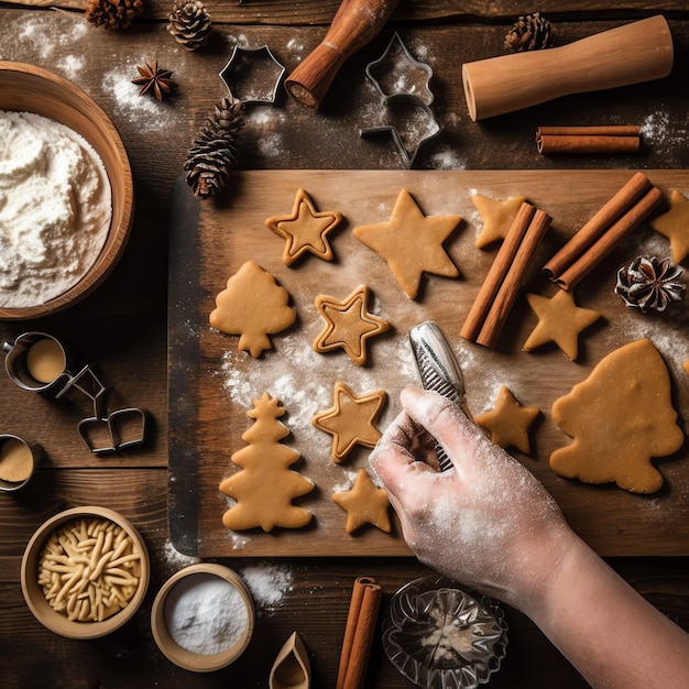 Фото Плоский слой кулинарных домашних рождественских пекарских ингредиентов или имбирных печеньев, помещенных на стол
