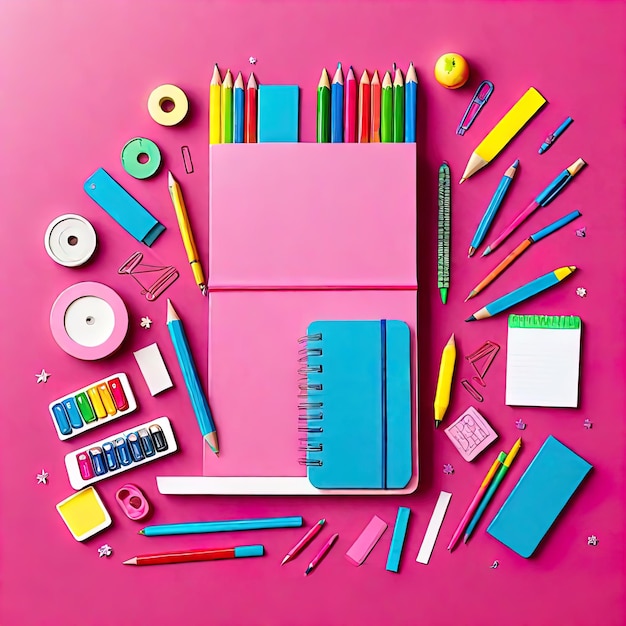 Фото Плоская планировка канцелярских товаров и школьных принадлежностей на розовом фоне обратно в школу