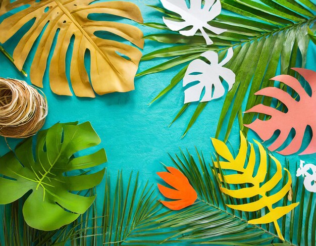 Фото Плоский слой бумажного ремесла листья монстеры тропической пальмы