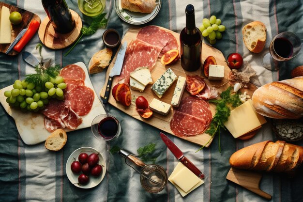 Фото Плоская раскладка предметов для пикника, бутербродов с вином и столовых приборов