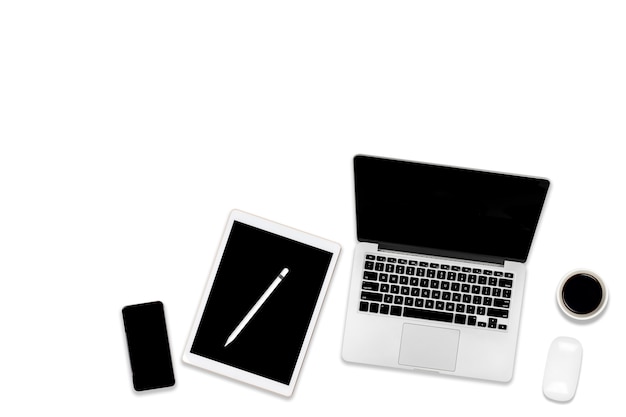 Flat lay of office table with laptop computer, digital tablet, mobile phone and accessories.