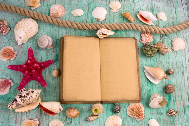 Flat lay old mock up notebook aand collection of sea shells, summer background