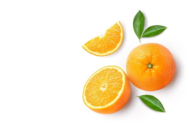 Flat lay of Orange fruit with cut in half and leaves isolated
