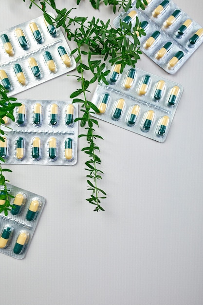 Flat lay Organic medical pills, capsules in blisters with green leaf, herbal plant on a grey background