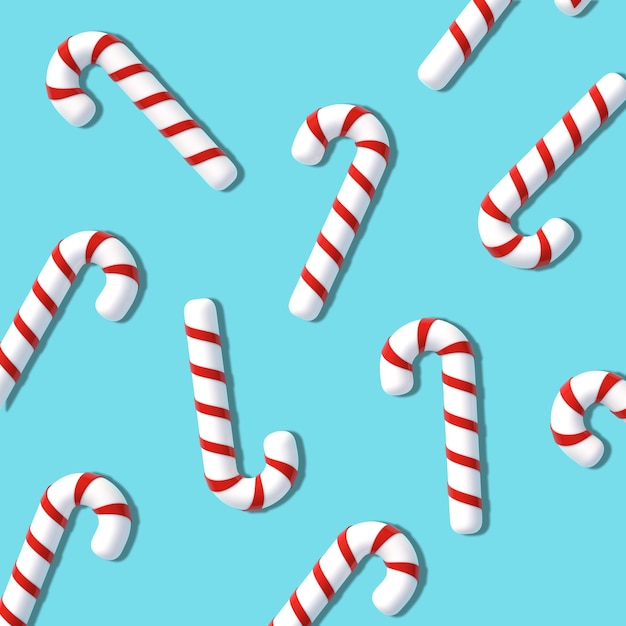 Flat lay pattern candy cane on bright blue background Christmas composition 3D render illustration