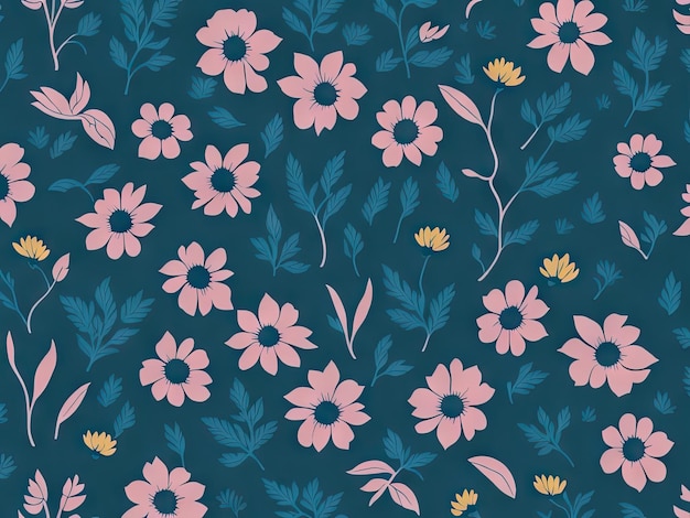 Flat lay pattern pink flowers on blue background ai generative