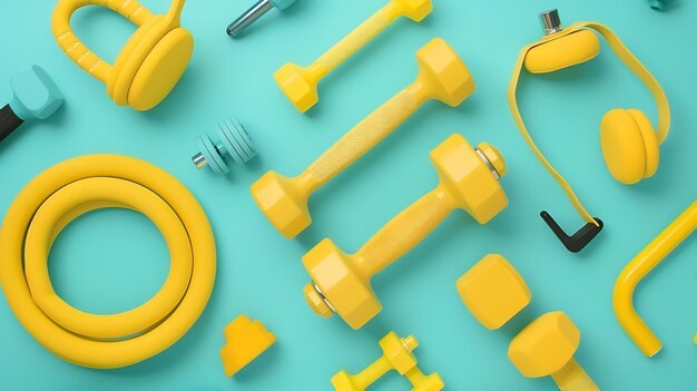 Photo flat lay photo of fitness equipment over turquoise blue backgound top view of yellow generative ai