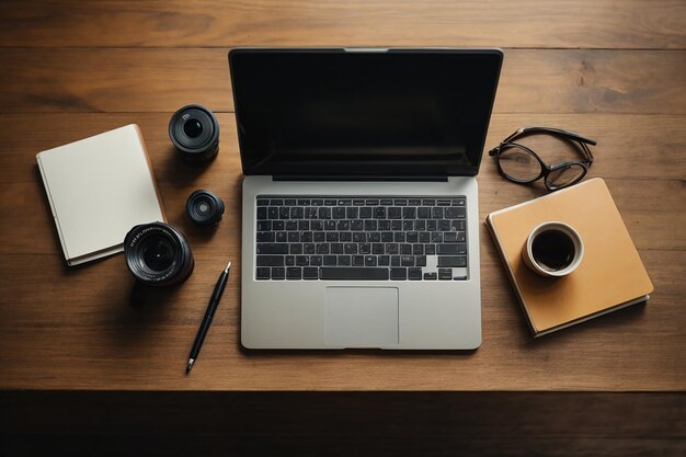 Flat lay photo of office desk with laptop copy space background