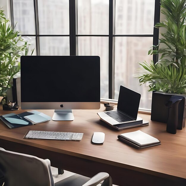 Flat lay photo of office desk with laptop copy space background