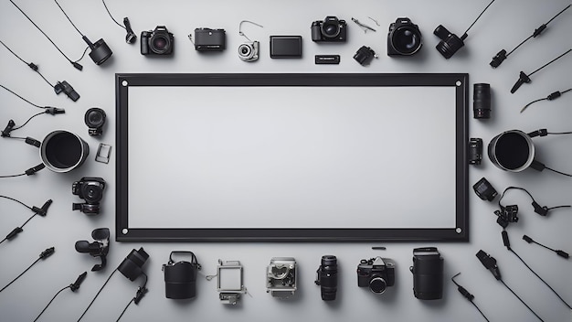 Flat lay photo of photographer equipment on white background with copy space