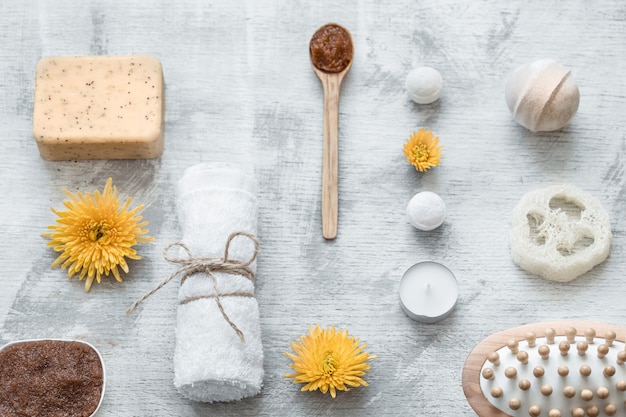 Flat lay photo . Spa-still life of skin care items.