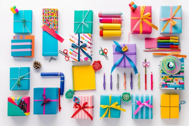 Photo flat lay photograph of a backtoschool display featuring gift boxes filled with school supplies and colorful stationery on a white isolate background