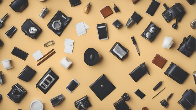 Photo flat lay of photographer equipment on color background top view