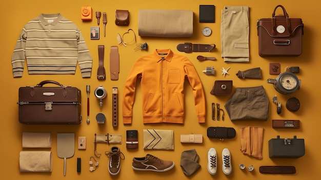 빈티지 농구 복장 knolling Wes Anderson 색상 팔레트 스튜디오 조명 저대비 Generative Ai의 평면 사진