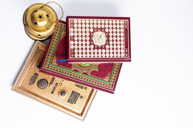 Photo flat lay pile of islamic books