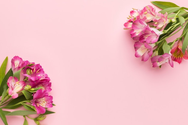 Flat lay pink alstroemeria bouquets arrangement