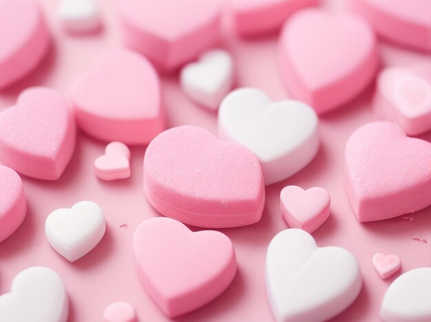 Photo flat lay of pink heartshaped candies